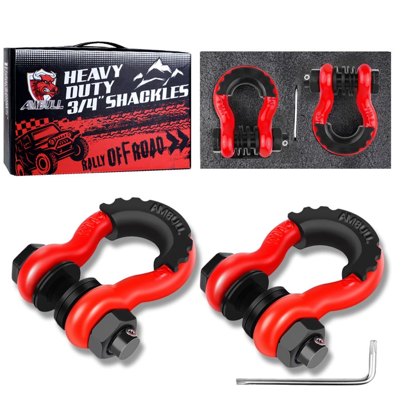 AMBULL Shackles 3/4" D Ring Shackle (2 Pack) 45,000lb Break Strength with 7/8" Pin, Anti Theft Security Screws, Isolator & Washer Kits for Use with Tow Strap Winch Truck Vehicle Recovery, Red - Image 1